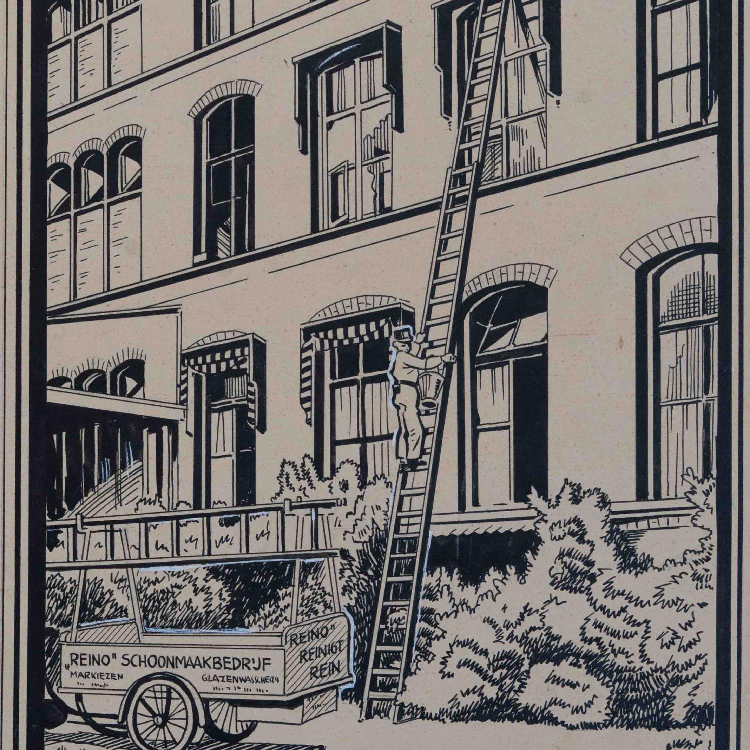 Historische illustratie van het Reino schoonmaakbedrijf met medewerkers aan het werk op een gevel