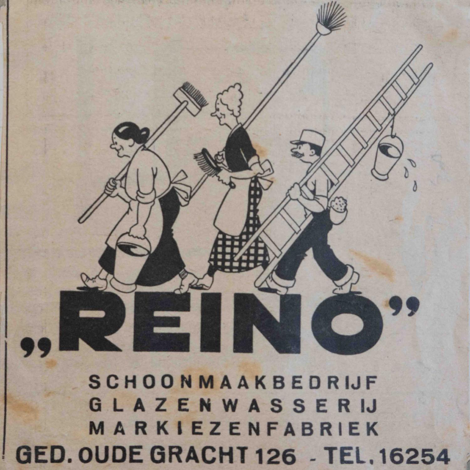Historische Reino advertentie met illustratie van schoonmakers en glazenwassers, Oude Gracht Haarlem